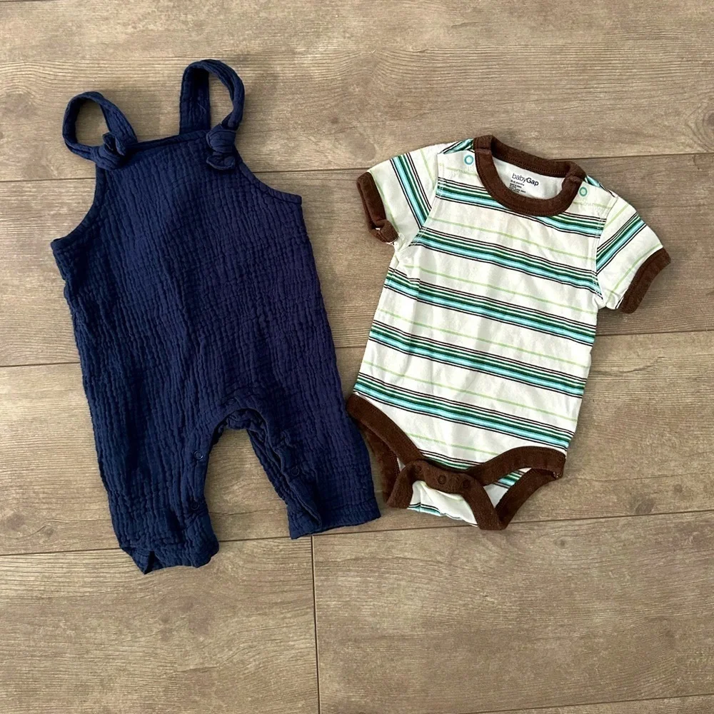 Vintage GAP Stripe Bodysuit & Chick Pea Overalls Baby Boy Matching Outfit 0-3 M